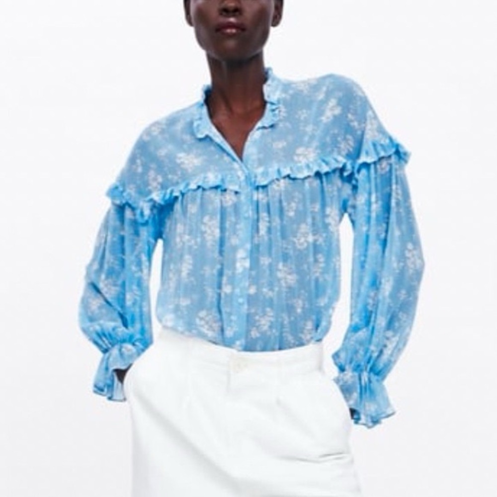 Zara Blue Floral Ruffle Button Front Blouse Size S - Picture 2 of 16